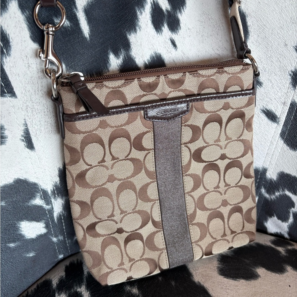 Coach Brown and Silver Crossbody Bag with Signature Design